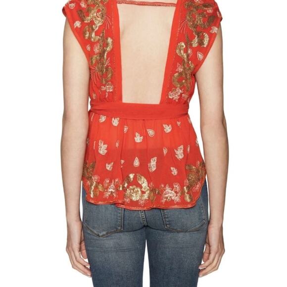 Free People Ooh La La Sequin Embroidered Blouse Orange Gold size small - Picture 3 of 10